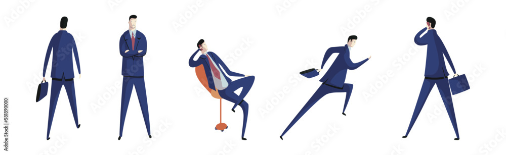 Poster business man character and office employee engaged in different activity vector set