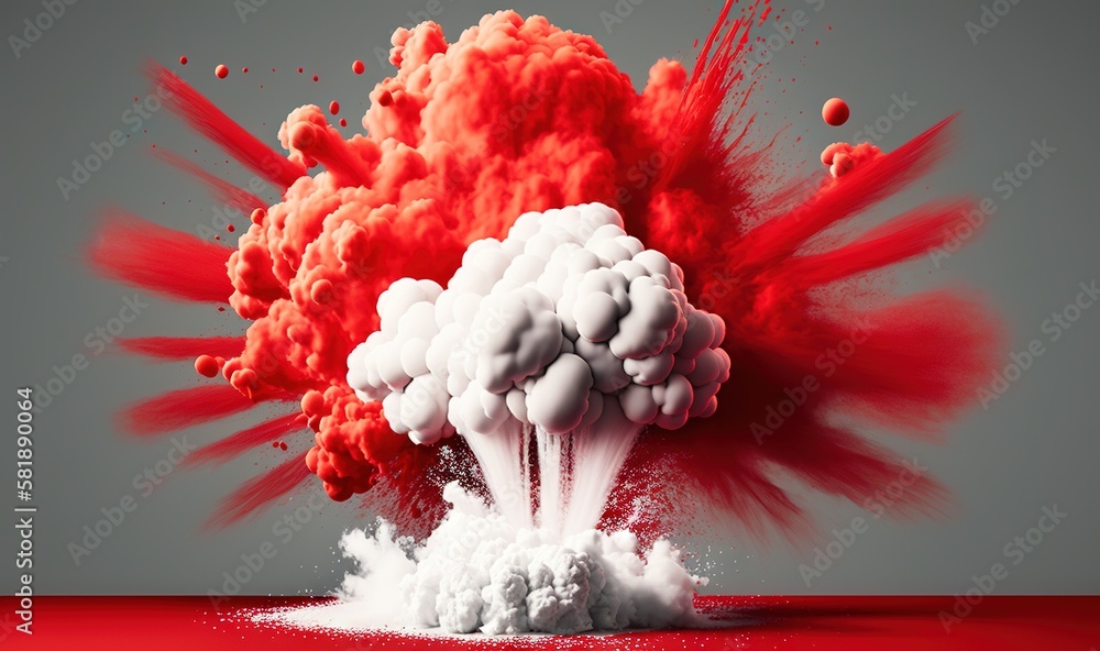 Poster a red and white explosion of smoke and water on a red surface with a gray background and a gray back