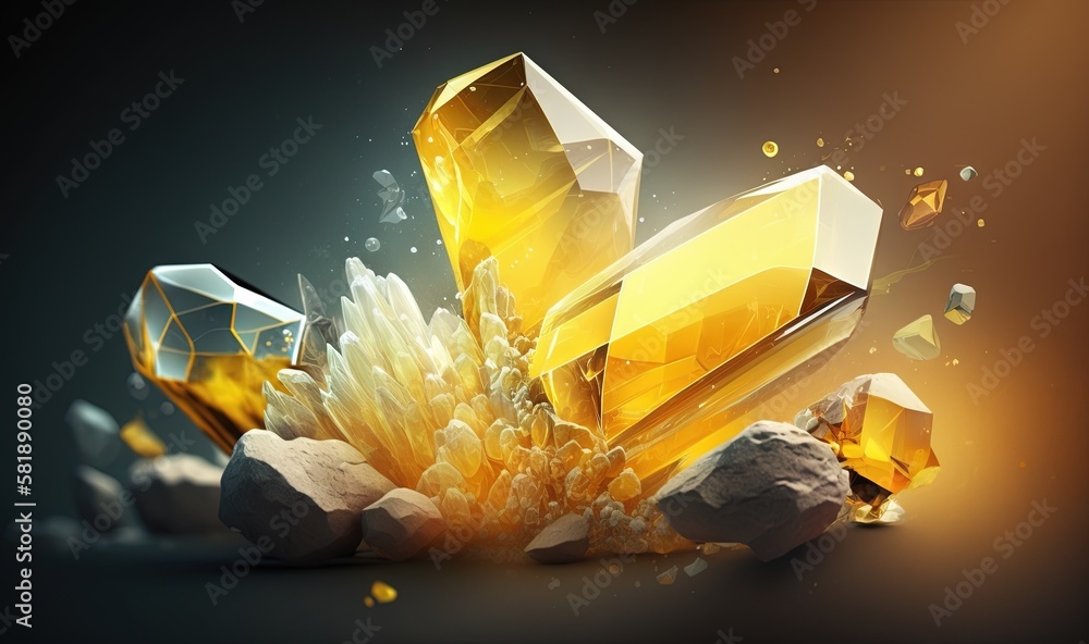 Poster a bunch of rocks that are next to each other on a black background with a yellow and white object in