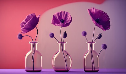  three glass vases with flowers in them on a purple surface with a pink background and a pink wall in the background with a shadow of the vase.  generative ai