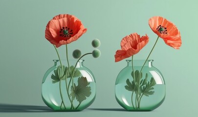  two vases with flowers in them on a table top with a light green wall in the background and a light green wall in the background.  generative ai