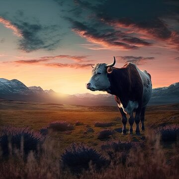 Farms and fields at sunset, with animals and mountains, Generative AI