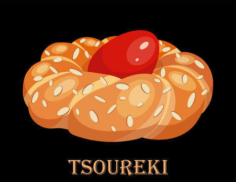 Easter tradition in Greece. Handmade Greek sweet braided bread Tsoureki with almonds and red egg on a black background. Traditional food vector illustration.