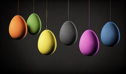  a group of eggs hanging from a line of strings in a dark room with a black background and a black background with a white border.  generative ai