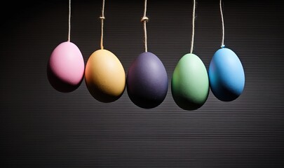  a row of colored eggs hanging from a line on a black background with a black background behind them and a black background with a black background.  generative ai