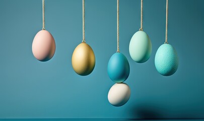  a group of five eggs hanging from a line on a blue wall with a gold chain hanging from the side of the line, all painted in different colors of the same.  generative ai