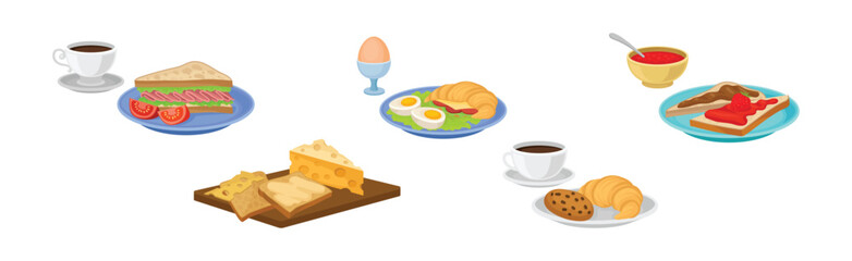 Breakfast Meal and Tasty Served Morning Food and Drinks Vector Set