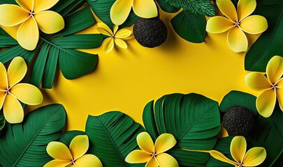  a yellow background with green leaves and yellow flowers on a yellow background with space for a text or a picture of a tropical plant with yellow flowers.  generative ai