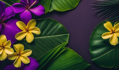  purple and yellow flowers and green leaves on a purple background with a purple background and a purple background with green leaves and a purple background.  generative ai