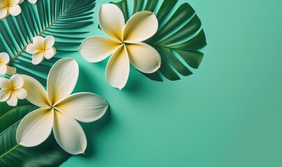  two white flowers and green leaves on a blue background with a shadow of the leaves of a palm tree on the left side of the image.  generative ai