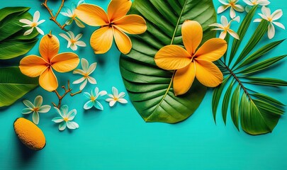  a blue background with yellow and white flowers and leaves and a piece of fruit on the side of the image with a green leaf and white flower on the other side.  generative ai