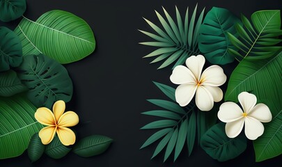  tropical leaves and flowers on a black background with a place for the text in the middle of the image is a flat lay flat lay style.  generative ai