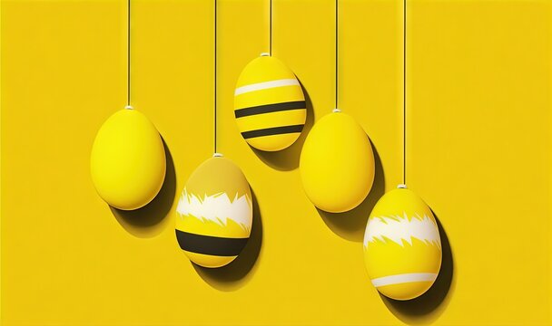  a group of yellow eggs hanging from a line on a yellow wall with a black and white stripe on one of them and a bee on the other.  generative ai