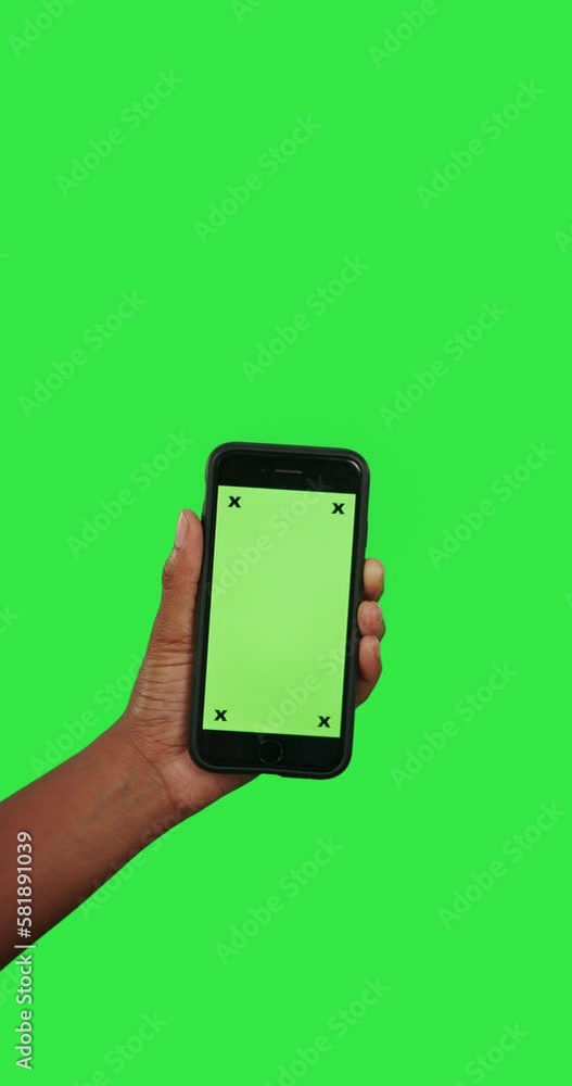 Poster hands, phone and mockup green screen with tracking markers for advertising against a studio backgrou