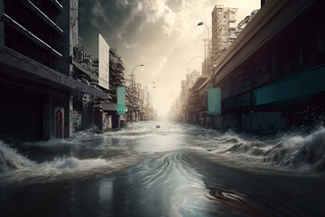 Climate change concept. Flood illustration. Flooded street in a city. Generative AI