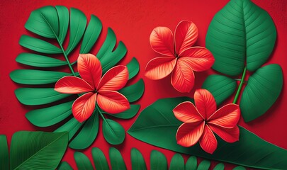  a painting of red flowers and green leaves on a red background with a red wall in the background and a red wall in the background.  generative ai