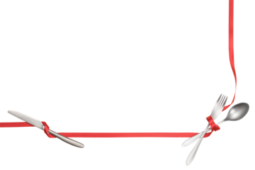 Fork, spoon and knife tied with a red ribbon. Isolated png with transparency.