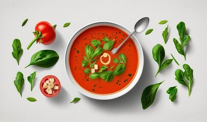  a bowl of tomato soup with basil, tomatoes, and a spoon on a white surface with basil leaves and tomatoes around it and a tomato.  generative ai