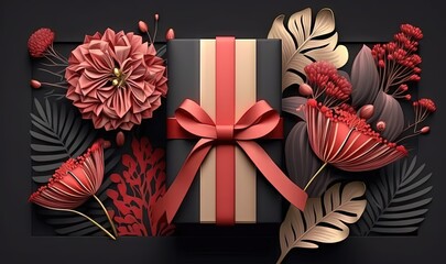  a gift box with a red bow and flowers on it, surrounded by leaves and flowers, is shown in a black background with a red ribbon.  generative ai