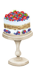 Birthday cake on a stand decorated with berries. Watercolor holiday clipart for design of postcards, greeting cards, invitations, menus, logos, fabric prints. Wedding, birthday, anniversary design.
