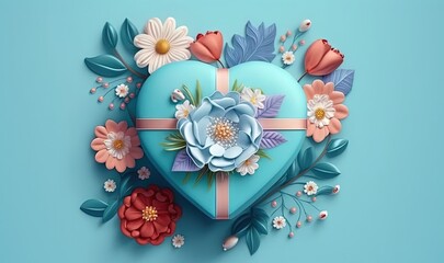  a heart shaped box with flowers and leaves on a blue background with a ribbon around the top of the box and a ribbon around the bottom of the box.  generative ai