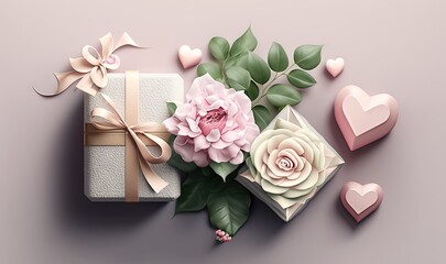  a bouquet of flowers and a gift box on a pink background with hearts and a bow on the top of the box is wrapped in paper.  generative ai