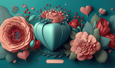  a blue vase with pink flowers and leaves on a blue background with a heart shaped box in the middle of the image and a card with a name on it.  generative ai