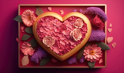  a heart shaped box filled with pink flowers and pink carnations on a pink background with hearts and flowers on the bottom of the box.  generative ai