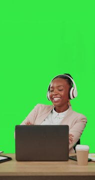 Laptop, music dance and happy black woman listening to dancing track, audio podcast or radio sound. Green screen tracking markers, energy girl and fun person streaming song on studio background