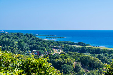Fototapeta na wymiar A view looking down over the airport of Roatan on Roatan Island on a sunny day