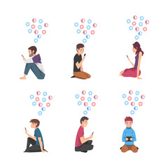 Young Man and Woman Sitting with Smartphone Checking Social Media Likes and Post Vector Set