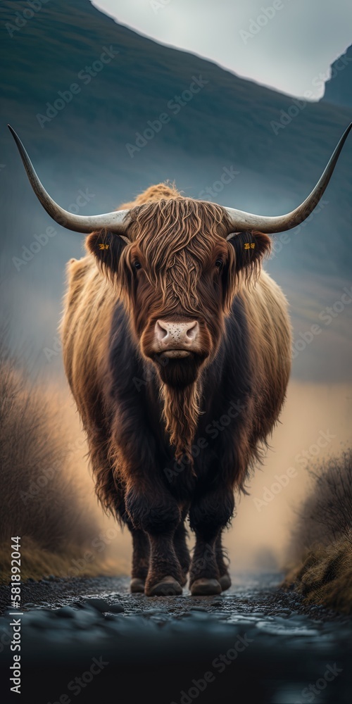 Poster highland bull up up and personal on a dusty path generative ai