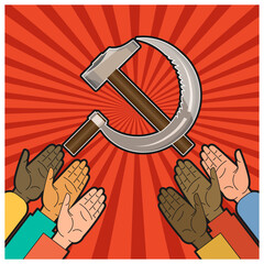 Many hands pointing towards the crossed hammer and sickle. Background - divergent sun rays. Poster, emblem. Vector illustration