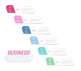 Business infographics. 6 stages of achieving the goal. Stages of the workflow, development, marketing, plan or training. Business strategy with icon icons. Report or statistics schema