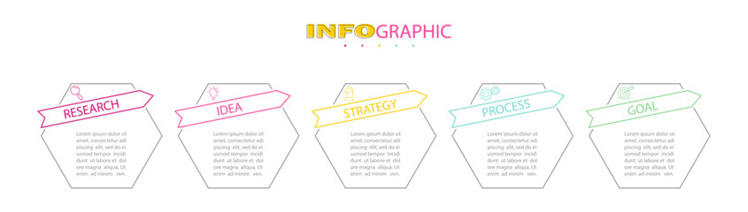 Business Infographics. 5 steps to achieve the result. Stages of development, workflow, marketing or plan. Business strategy with icons. Diagram of the report, statistics and training