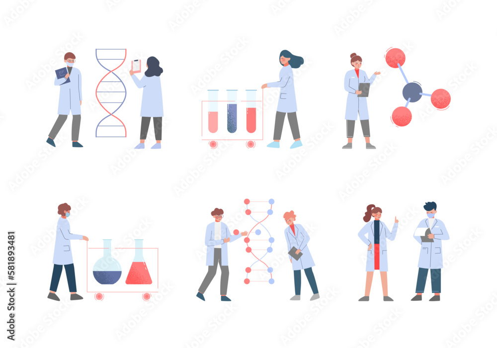 Sticker Scientist in Lab with Tiny People Character in White Coat Doing Chemical Research with Huge Laboratory Equipment Vector Set