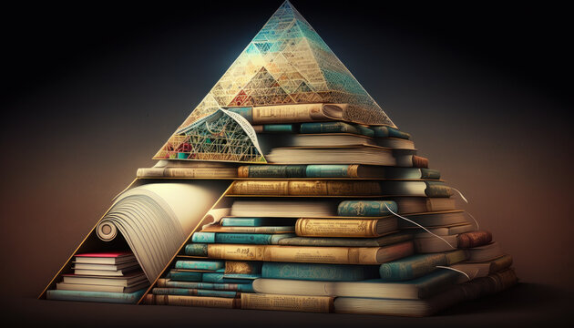 a triangular pyramid of books, traditional techniques reimagined, and historical narrative, created by generative ai 