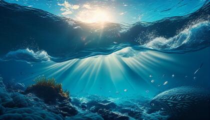 Fototapeta na wymiar Tropical Island Scene, Deep Blue Underwater Waves and Ocean with Sun Rays, Generative AI