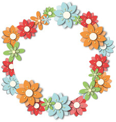 Paper pink flower. 3d illustration, vivid paper flowers, bright holiday floral background. Easter wallpaper, spring theme. space for text banner, in circular shape