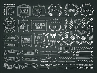 花と植物の装飾とフレームのチョーク画イラスト