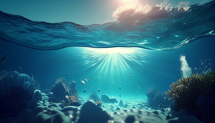 Fototapeta na wymiar Underwater Waves in Deep Blue Ocean on Island with Sun Rays, Generative AI
