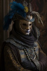 illustration, masked person in carnival costume in venice ai generative