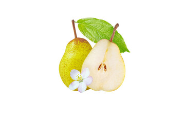Fototapeta na wymiar Rocha pear whole and cut fruits isolated transparent png. Yellow green spotted fruit, half cut with seeds, leaf and flower.