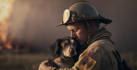 firefighter rescuing dog - obrazy, fototapety, plakaty