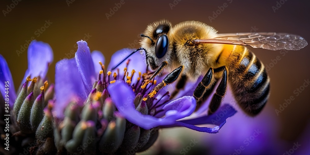 Poster a macro image of a bee pollinating a violet blossom. generative ai