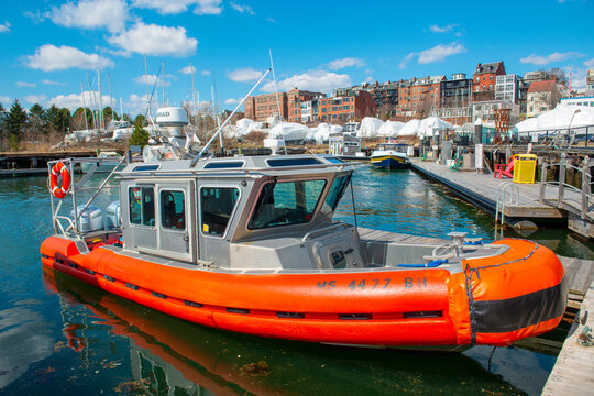 East Boston Coast Guard 25-Foot Defender Class Boat docked at pier in the station in East Boston, Massachusetts MA, USA.