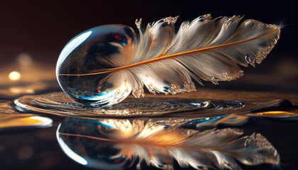 Macro Shot of Water Droplets on Duck Feather with Steam and Blurry Light Reflection, Generative AI
