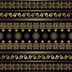 Vector seamless pattern with gold openwork stripes on a dark background