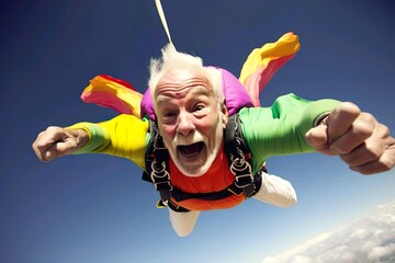 AI illustration of a senior man going on an adventure and skydiving - obrazy, fototapety, plakaty