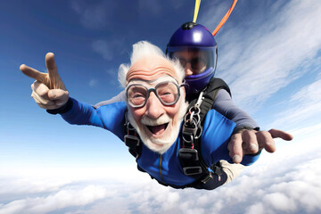 Senior man having a blast by skydiving - obrazy, fototapety, plakaty